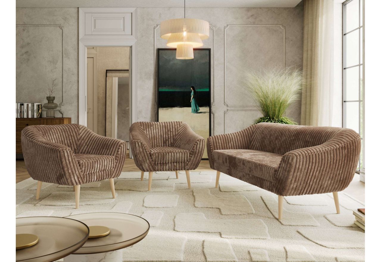 Zestaw PIRS 3+1+1 - brązowy, sztruks - nóżki,  buk