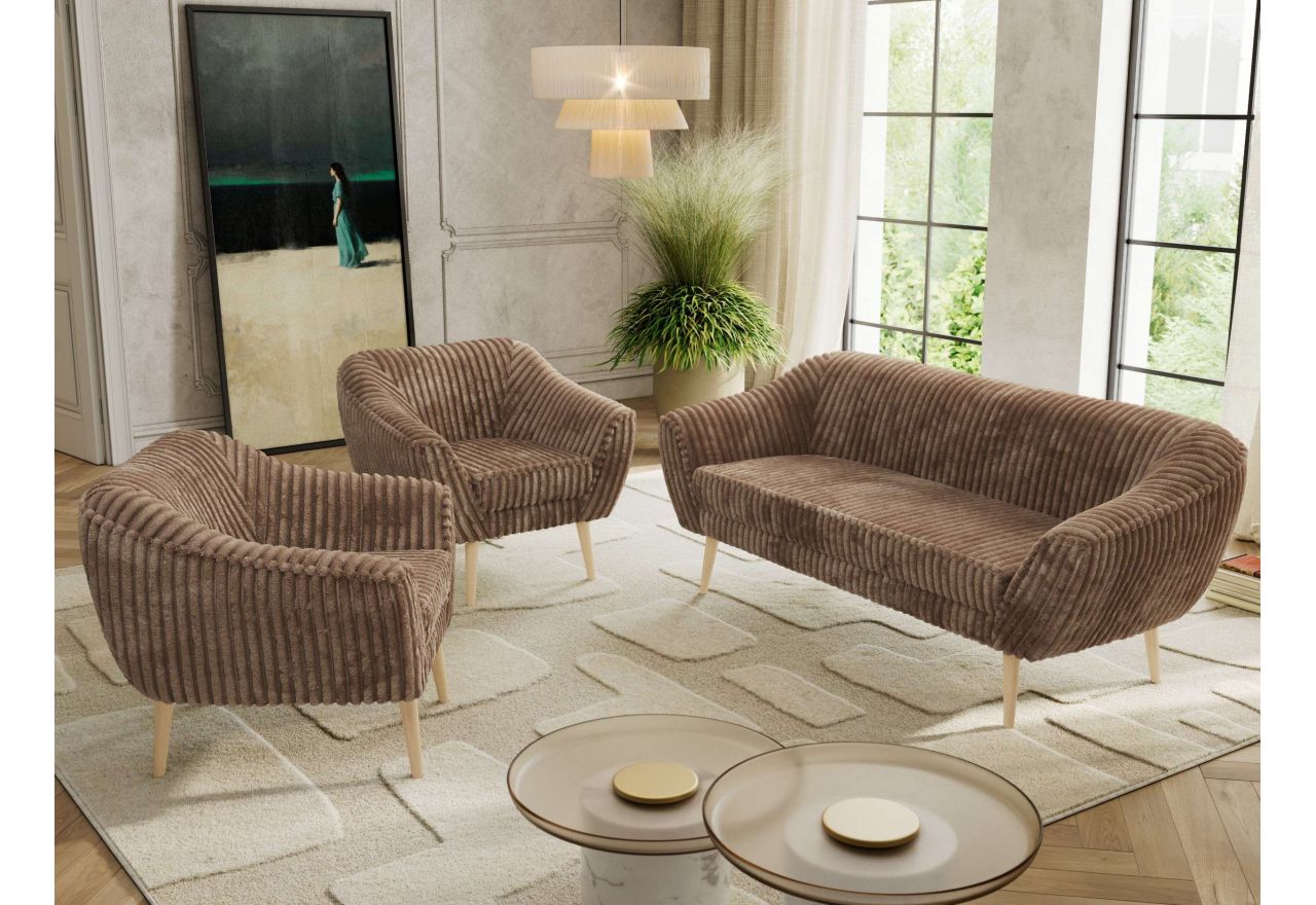 Zestaw PIRS 3+1+1 - brązowy, sztruks - nóżki,  buk