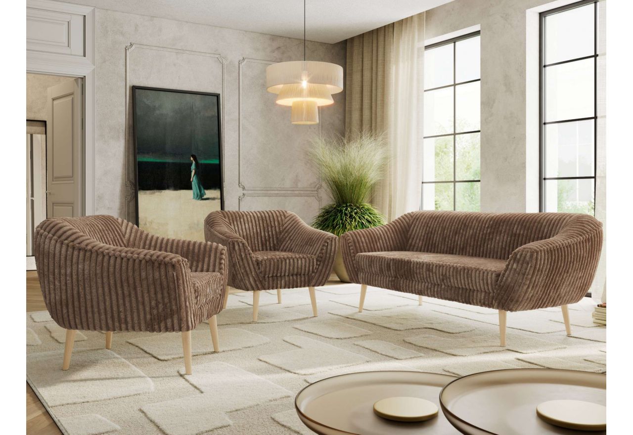 Zestaw PIRS 3+1+1 - brązowy, sztruks - nóżki,  buk