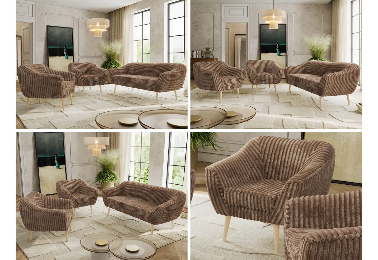 Zestaw PIRS 3+1+1 - brązowy, sztruks - nóżki,  buk