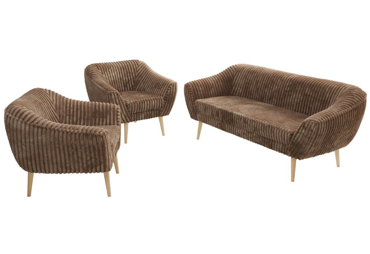 Zestaw PIRS 3+1+1 - brązowy, sztruks - nóżki,  buk