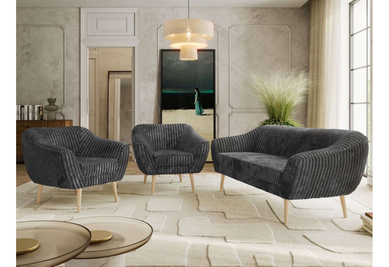 Zestaw PIRS 3+1+1 - szary, sztruks - nóżki,  buk