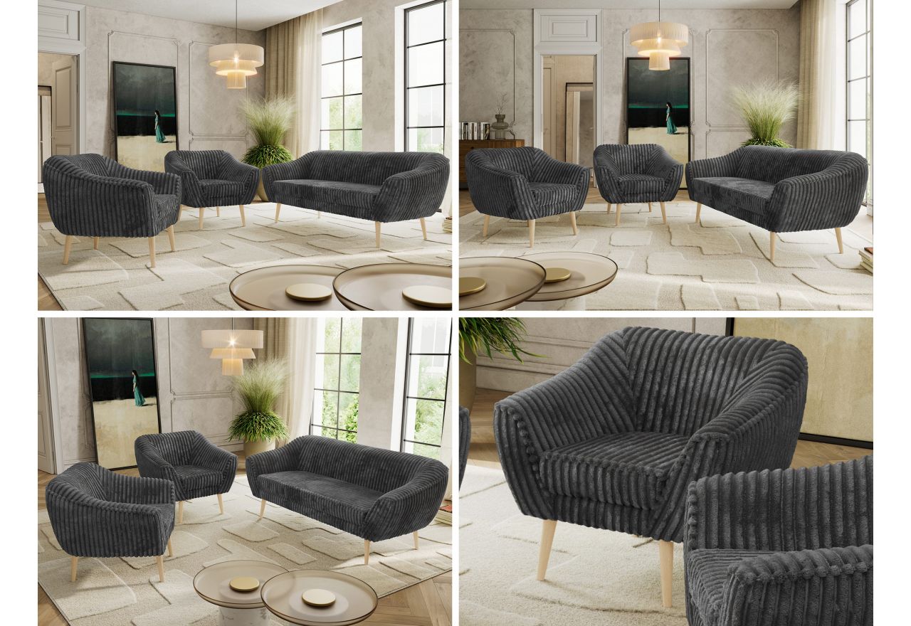 Zestaw PIRS 3+1+1 - szary, sztruks - nóżki,  buk