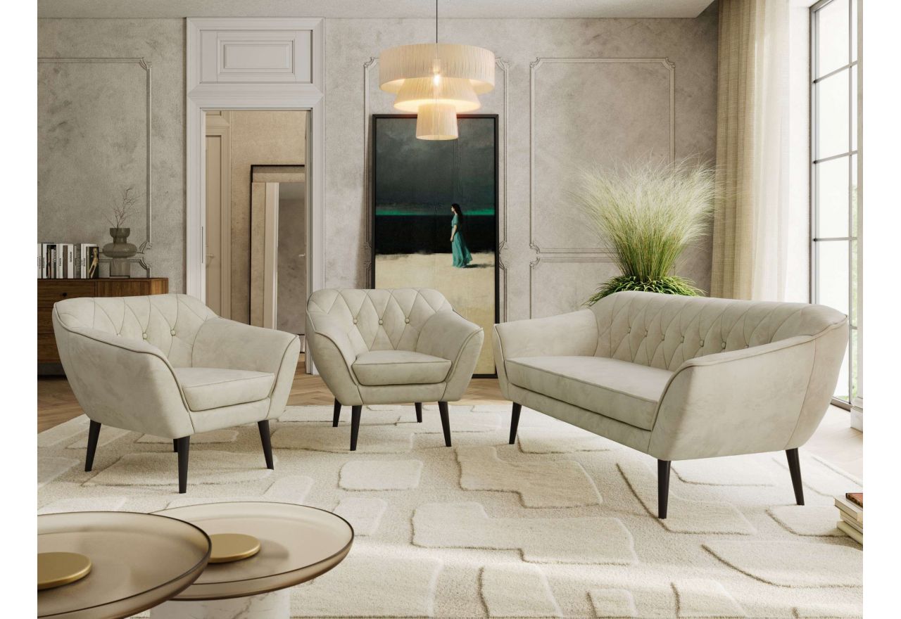 Zestaw PIRS 3+1+1 - kremowy, welwet - nóżki,  czarny