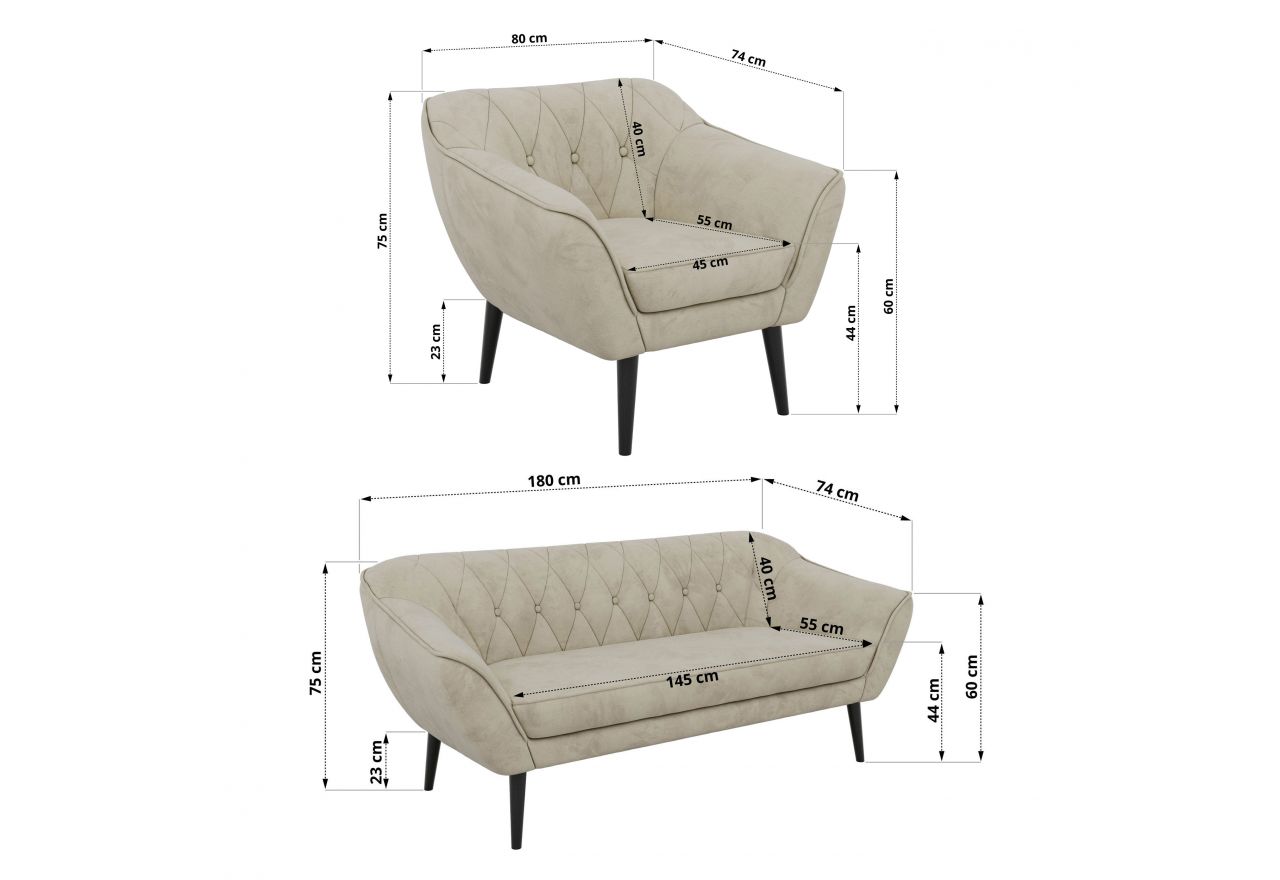 Zestaw PIRS 3+1+1 - kremowy, welwet - nóżki,  czarny