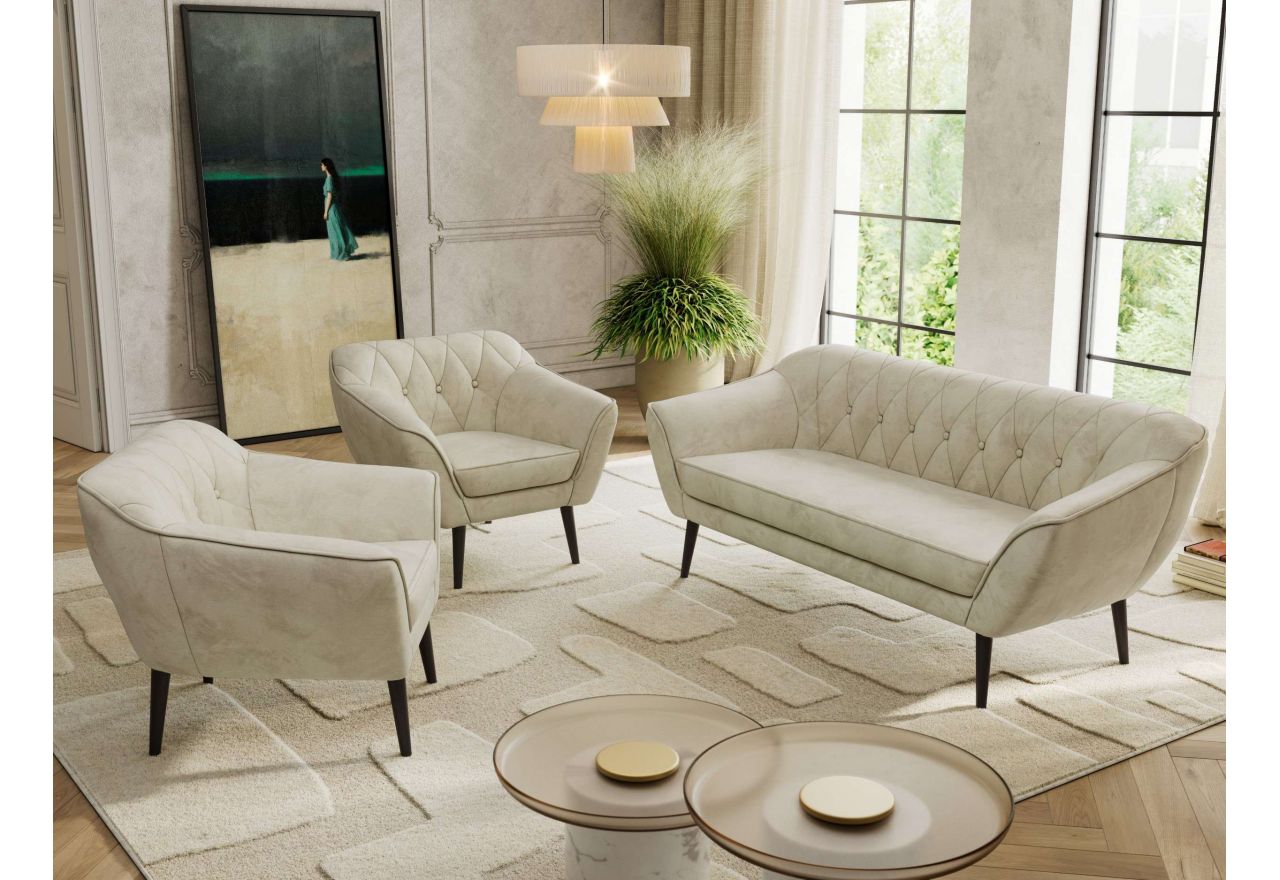 Zestaw PIRS 3+1+1 - kremowy, welwet - nóżki,  czarny