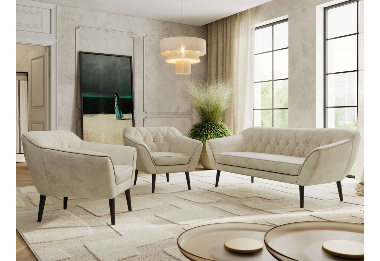 Zestaw PIRS 3+1+1 - kremowy, welwet - nóżki,  czarny