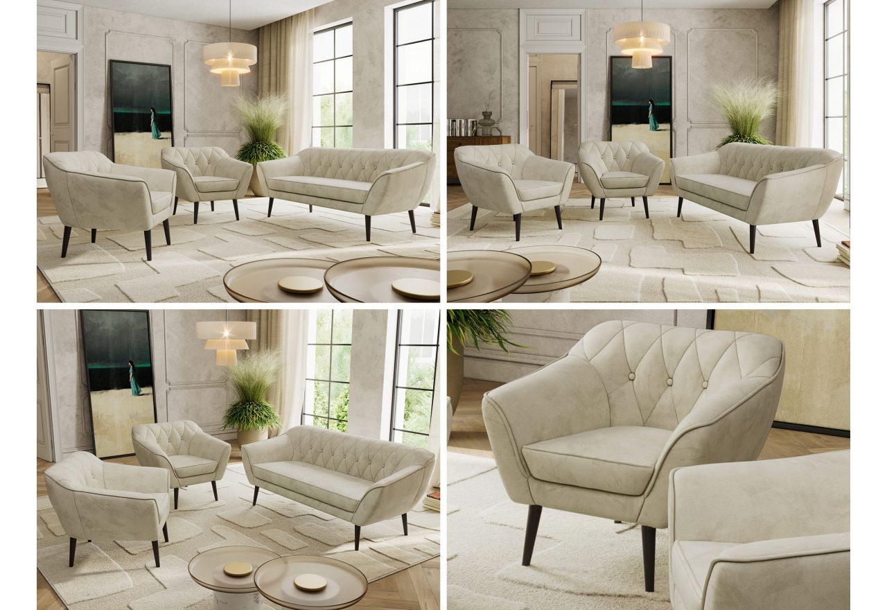 Zestaw PIRS 3+1+1 - kremowy, welwet - nóżki,  czarny