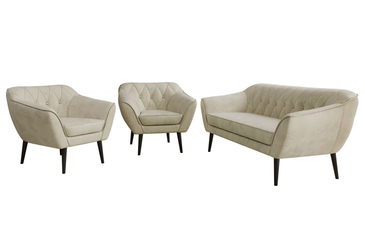 Zestaw PIRS 3+1+1 - kremowy, welwet - nóżki,  czarny