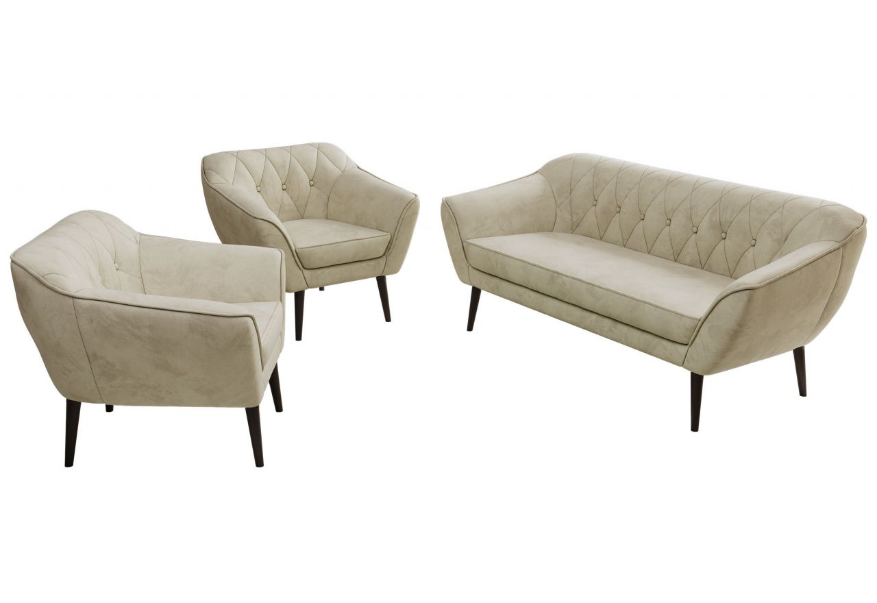 Zestaw PIRS 3+1+1 - kremowy, welwet - nóżki,  czarny