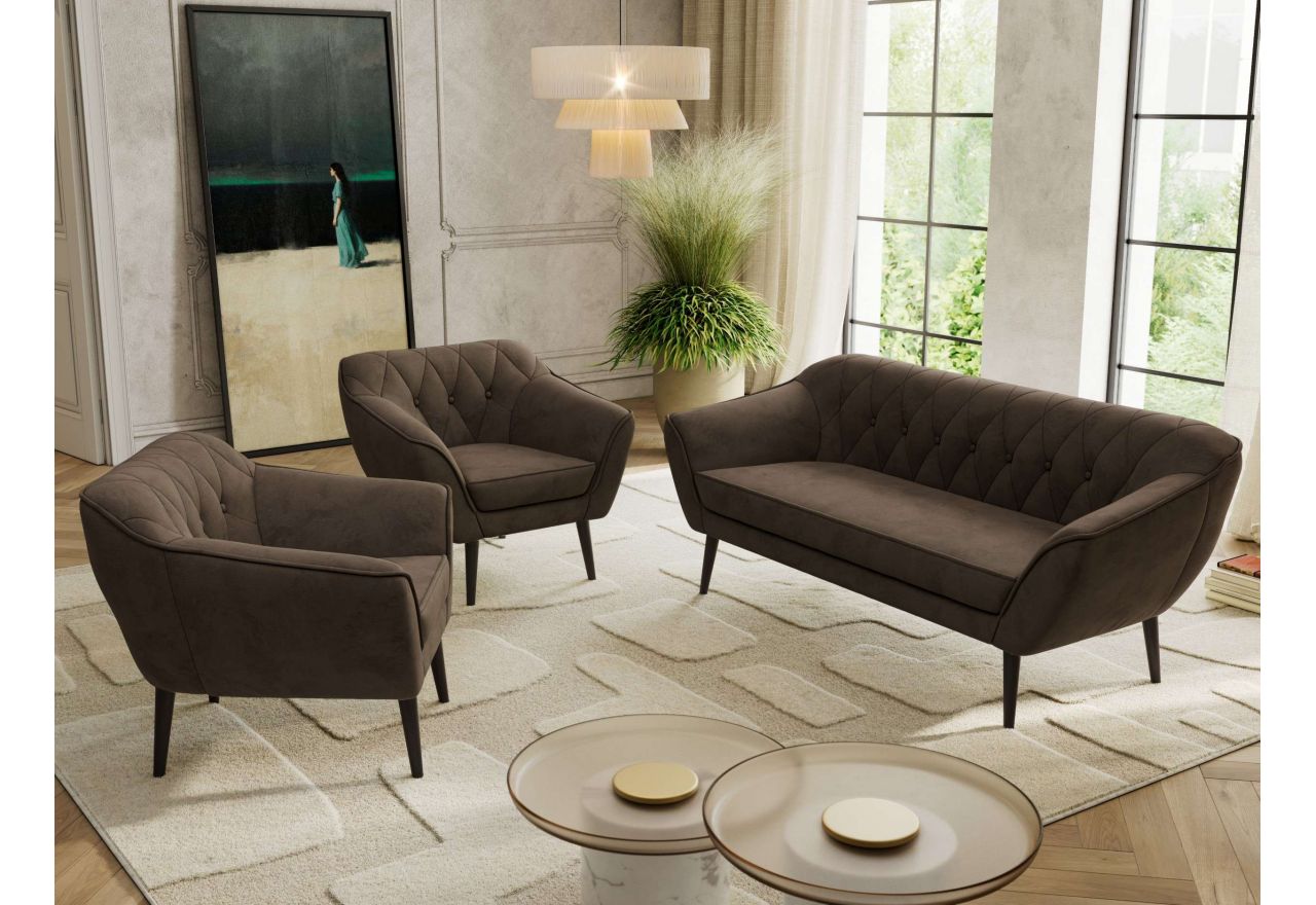 Zestaw PIRS 3+1+1 - brązowy, welwet - nóżki,  czarny