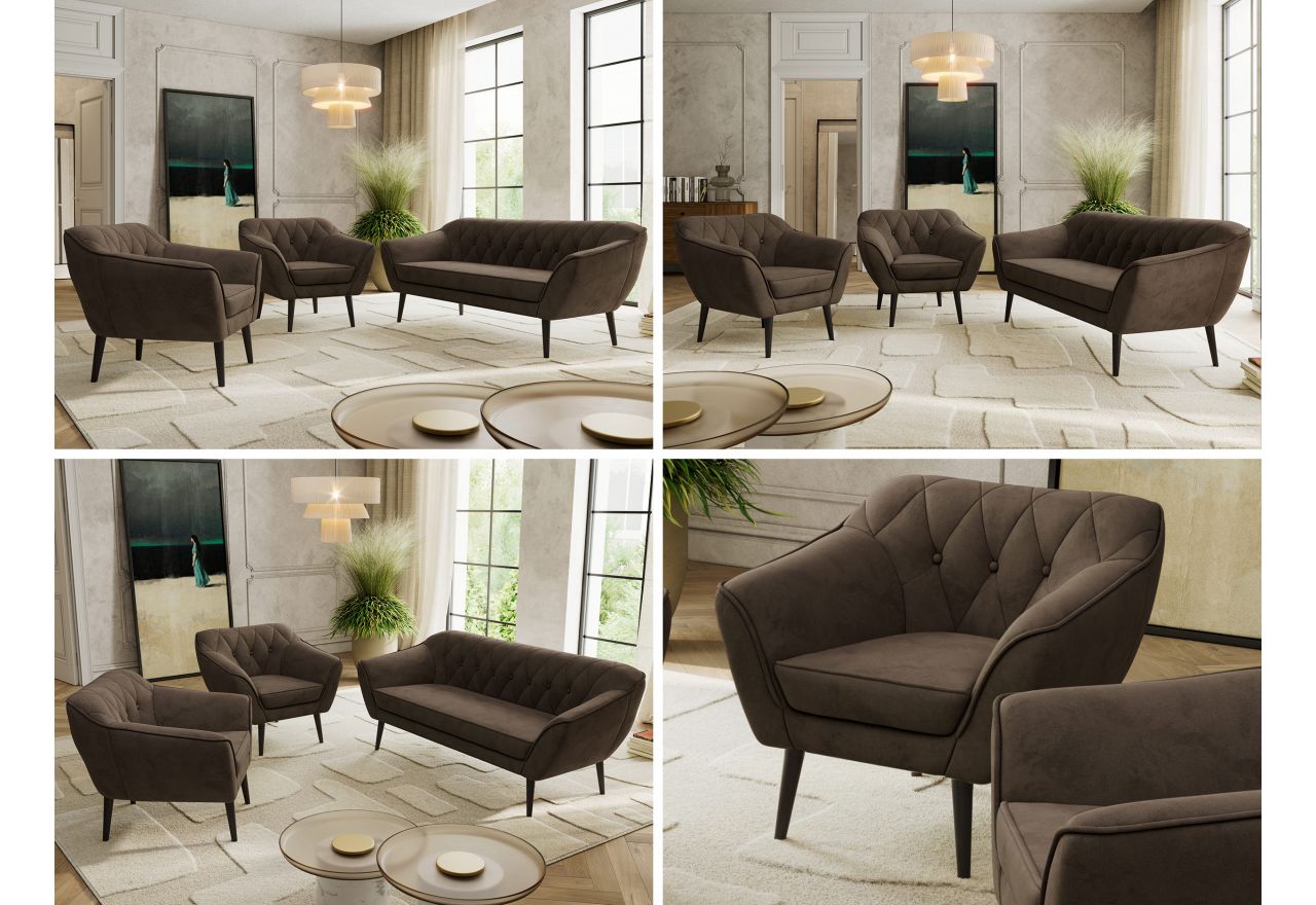 Zestaw PIRS 3+1+1 - brązowy, welwet - nóżki,  czarny