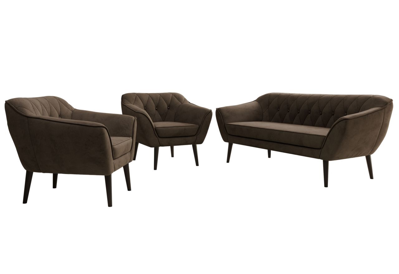 Zestaw PIRS 3+1+1 - brązowy, welwet - nóżki,  czarny