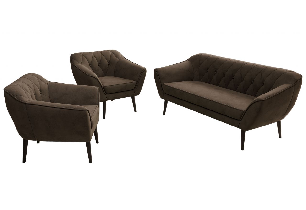 Zestaw PIRS 3+1+1 - brązowy, welwet - nóżki,  czarny