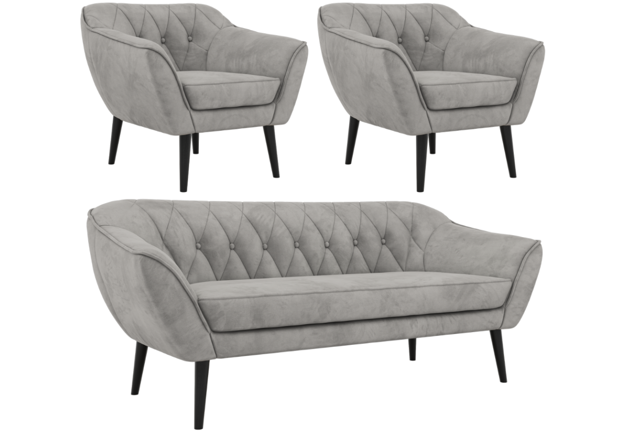 Zestaw PIRS 3+1+1 - jasnoszary, welwet - nóżki,  czarny