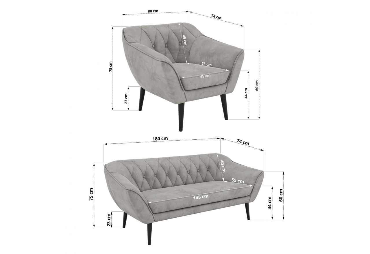 Zestaw PIRS 3+1+1 - jasnoszary, welwet - nóżki,  czarny