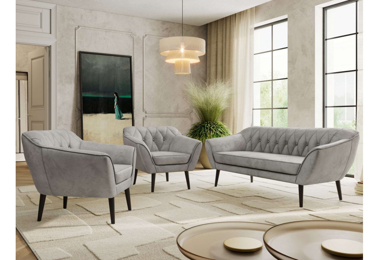 Zestaw PIRS 3+1+1 - jasnoszary, welwet - nóżki,  czarny