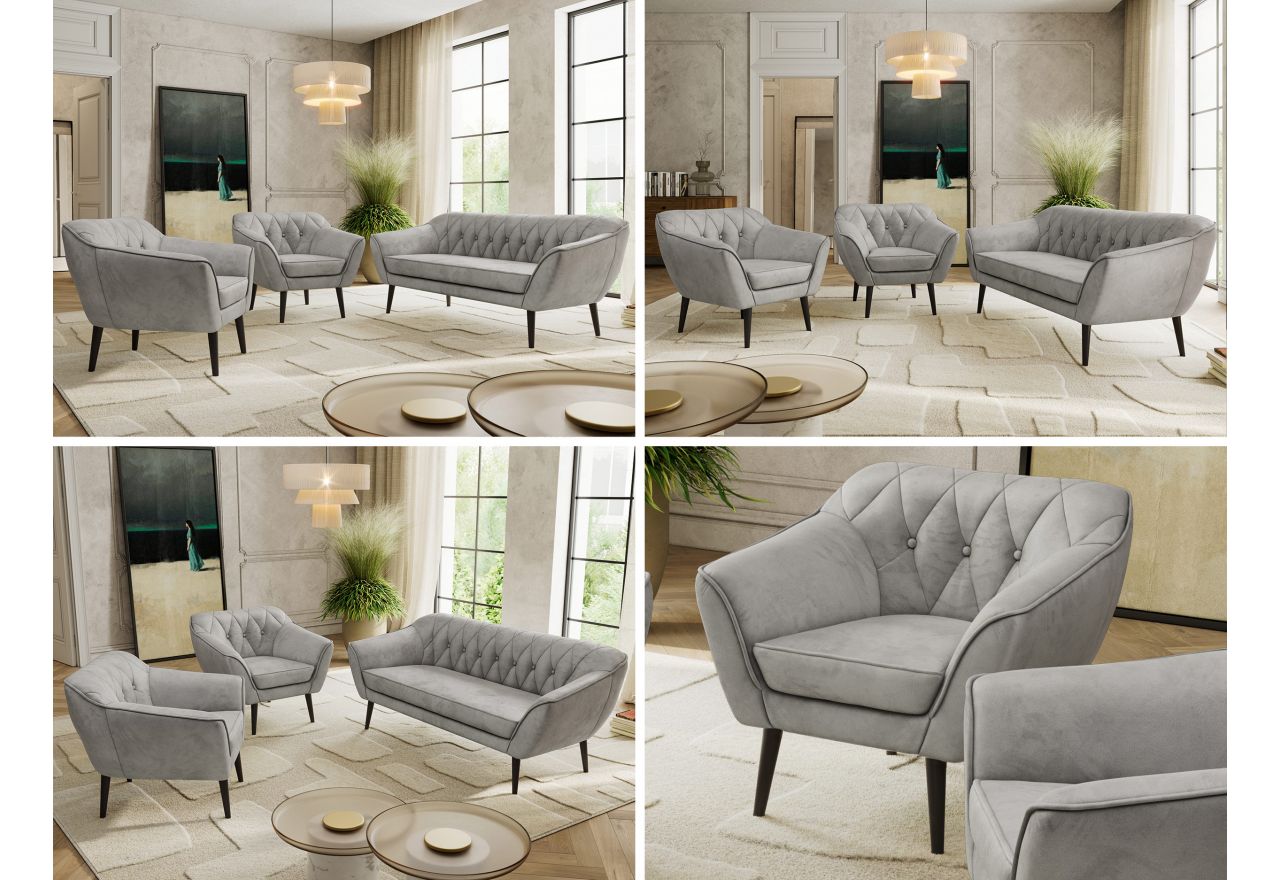 Zestaw PIRS 3+1+1 - jasnoszary, welwet - nóżki,  czarny