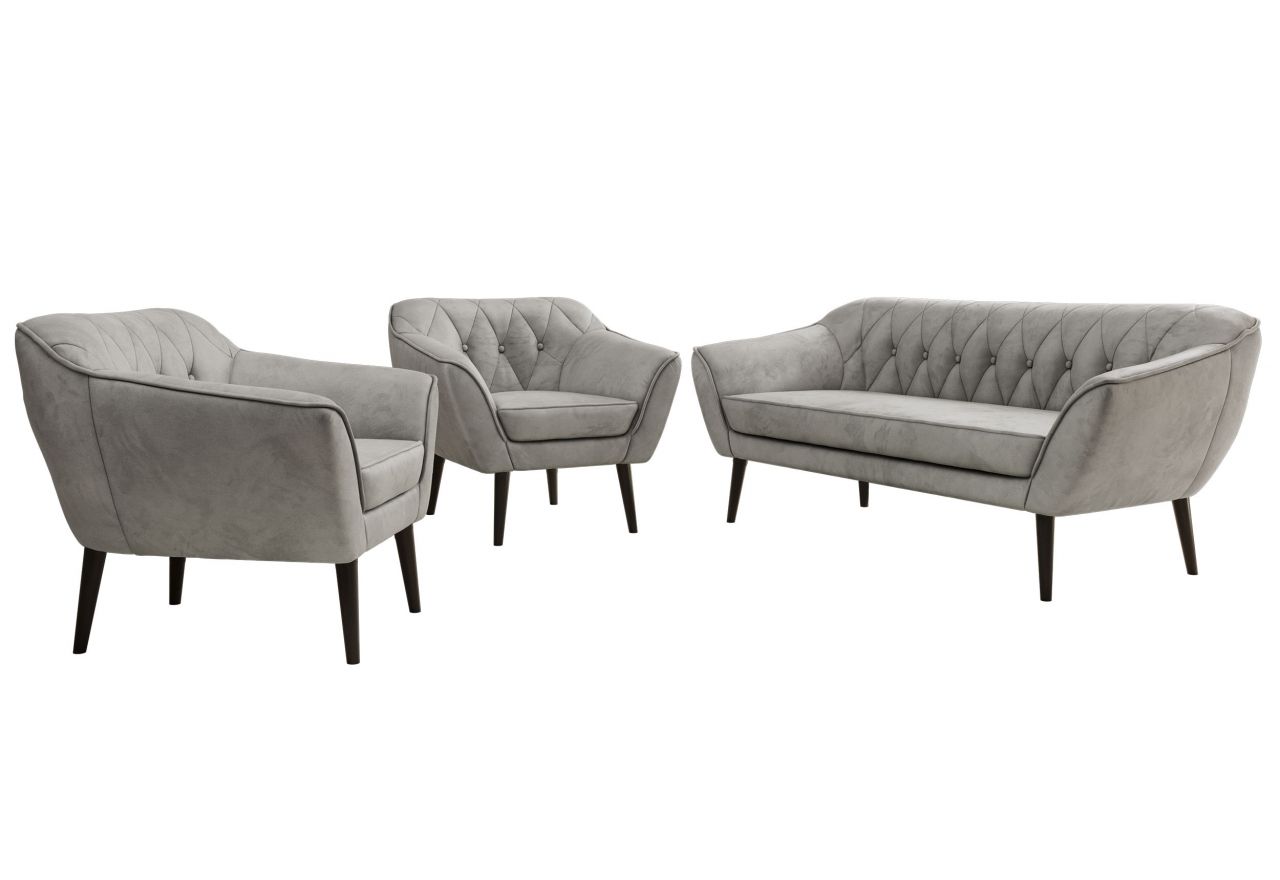 Zestaw PIRS 3+1+1 - jasnoszary, welwet - nóżki,  czarny