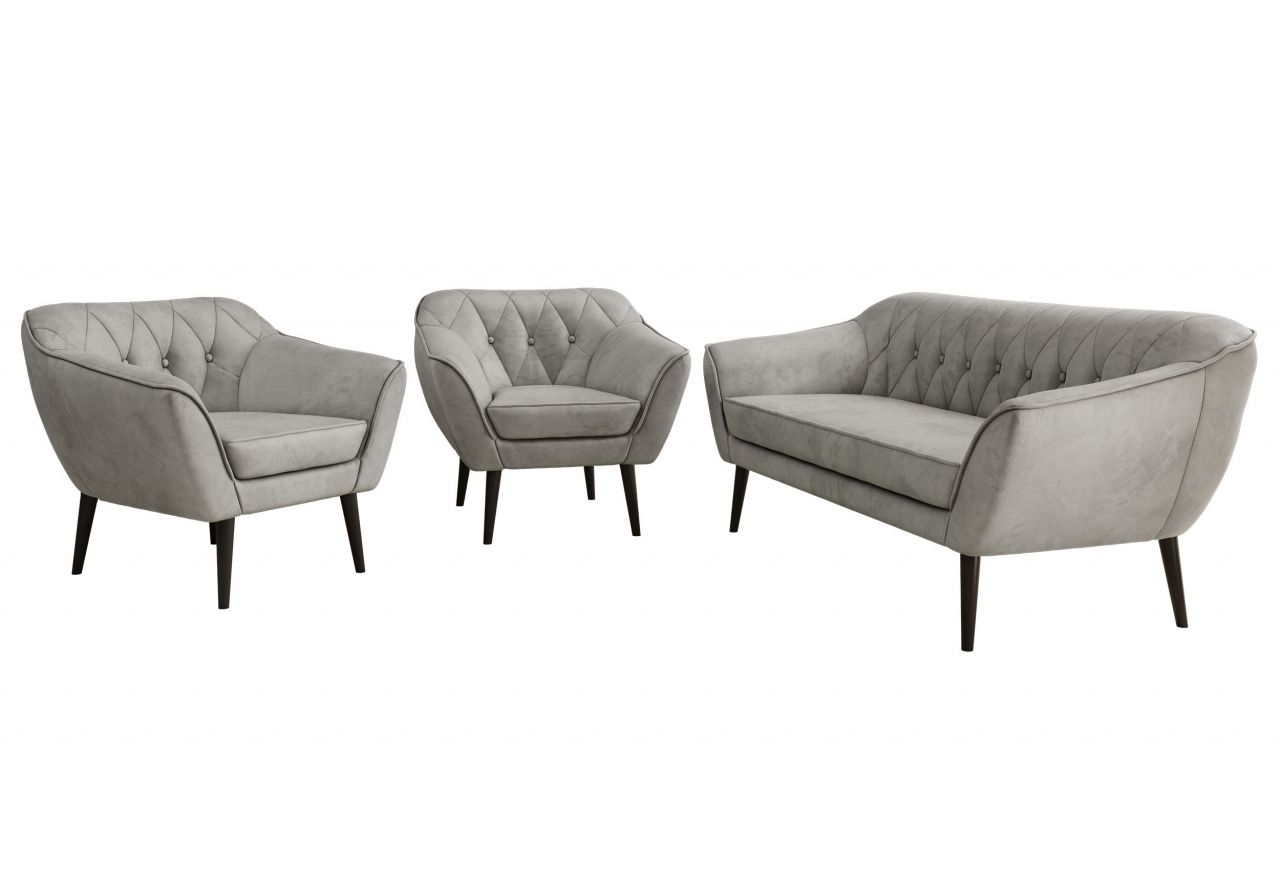 Zestaw PIRS 3+1+1 - jasnoszary, welwet - nóżki,  czarny