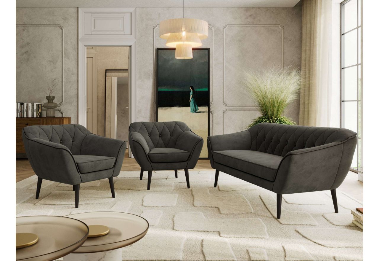 Zestaw PIRS 3+1+1 - ciemnoszary, welwet - nóżki,  czarny