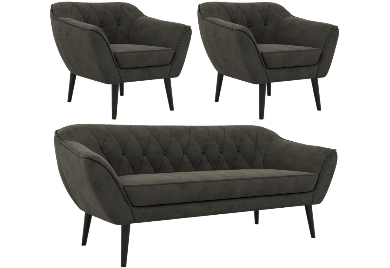 Zestaw PIRS 3+1+1 - ciemnoszary, welwet - nóżki,  czarny