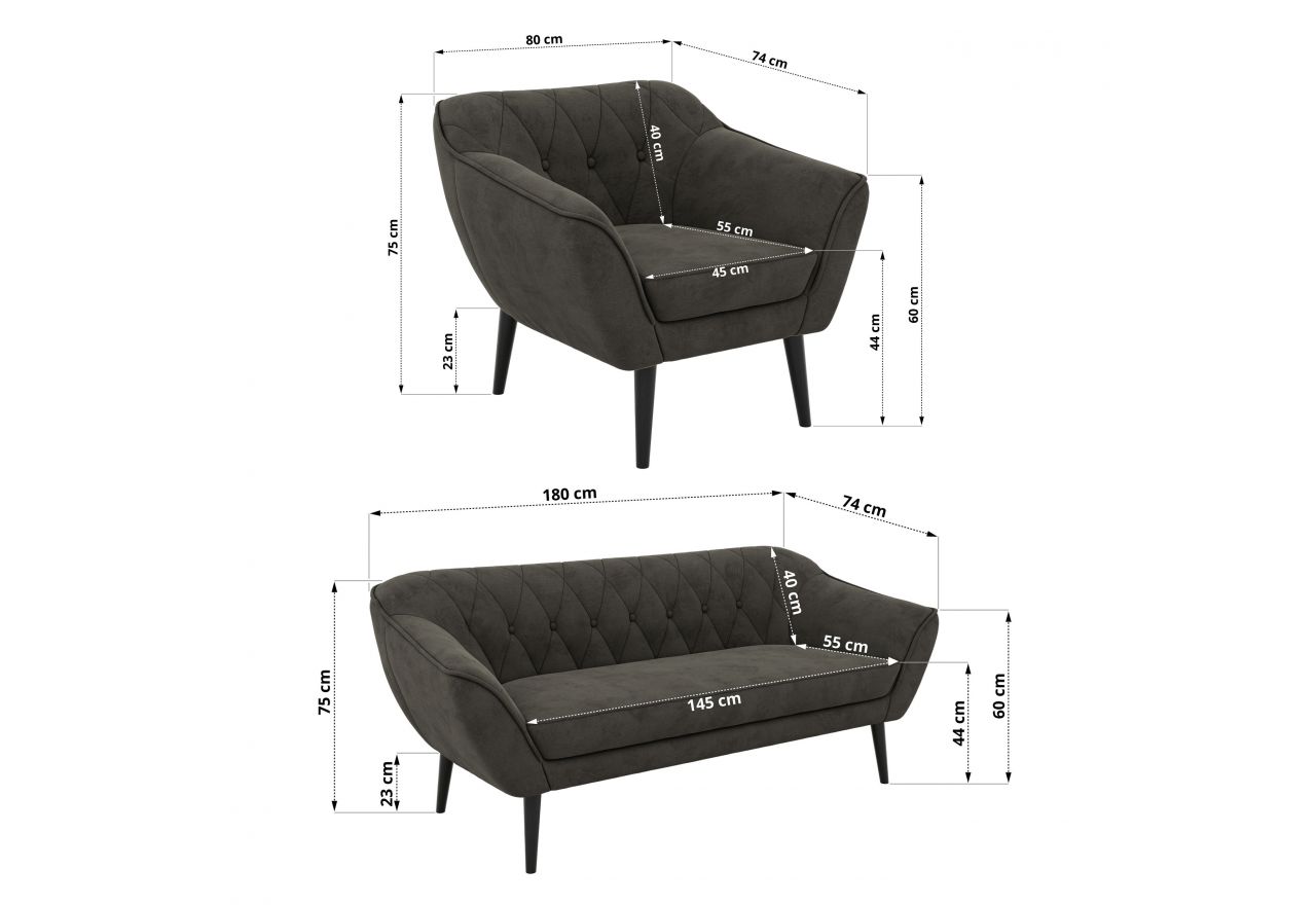 Zestaw PIRS 3+1+1 - ciemnoszary, welwet - nóżki,  czarny