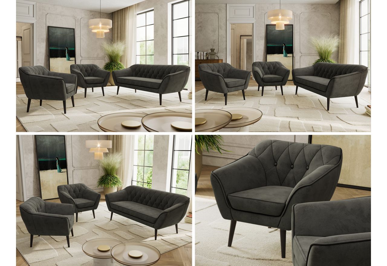 Zestaw PIRS 3+1+1 - ciemnoszary, welwet - nóżki,  czarny