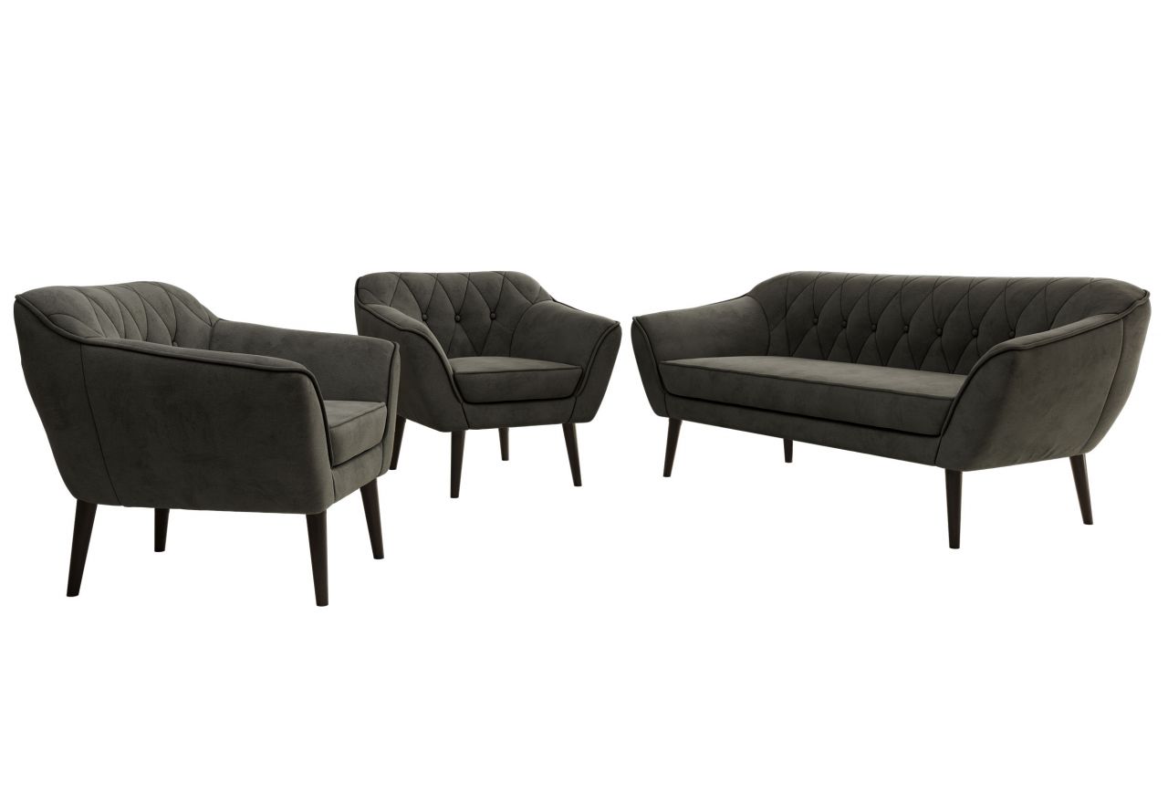 Zestaw PIRS 3+1+1 - ciemnoszary, welwet - nóżki,  czarny