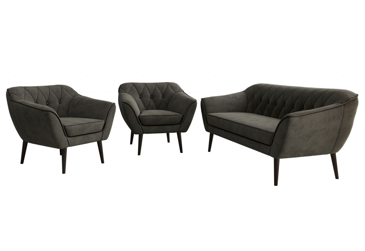 Zestaw PIRS 3+1+1 - ciemnoszary, welwet - nóżki,  czarny