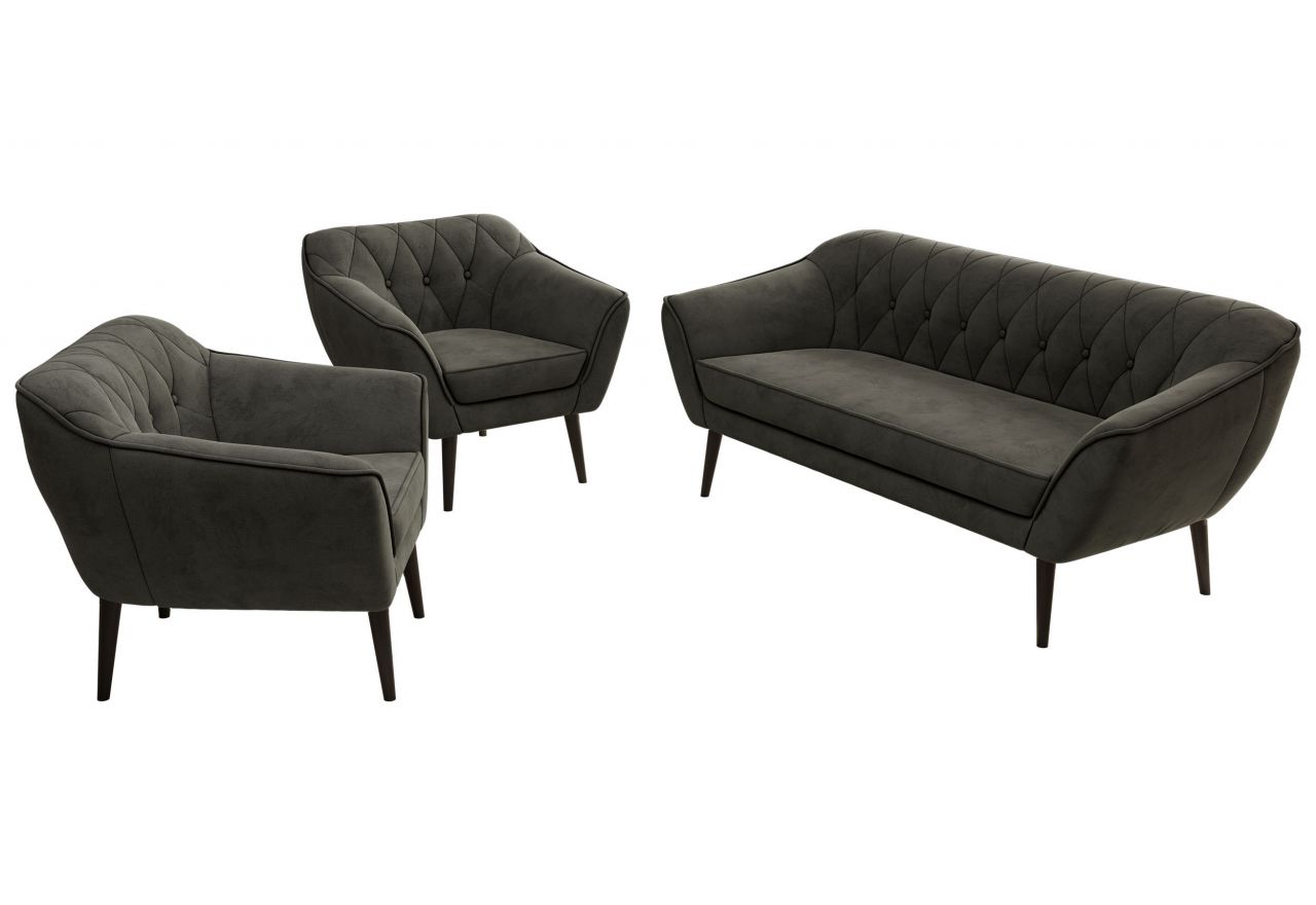 Zestaw PIRS 3+1+1 - ciemnoszary, welwet - nóżki,  czarny