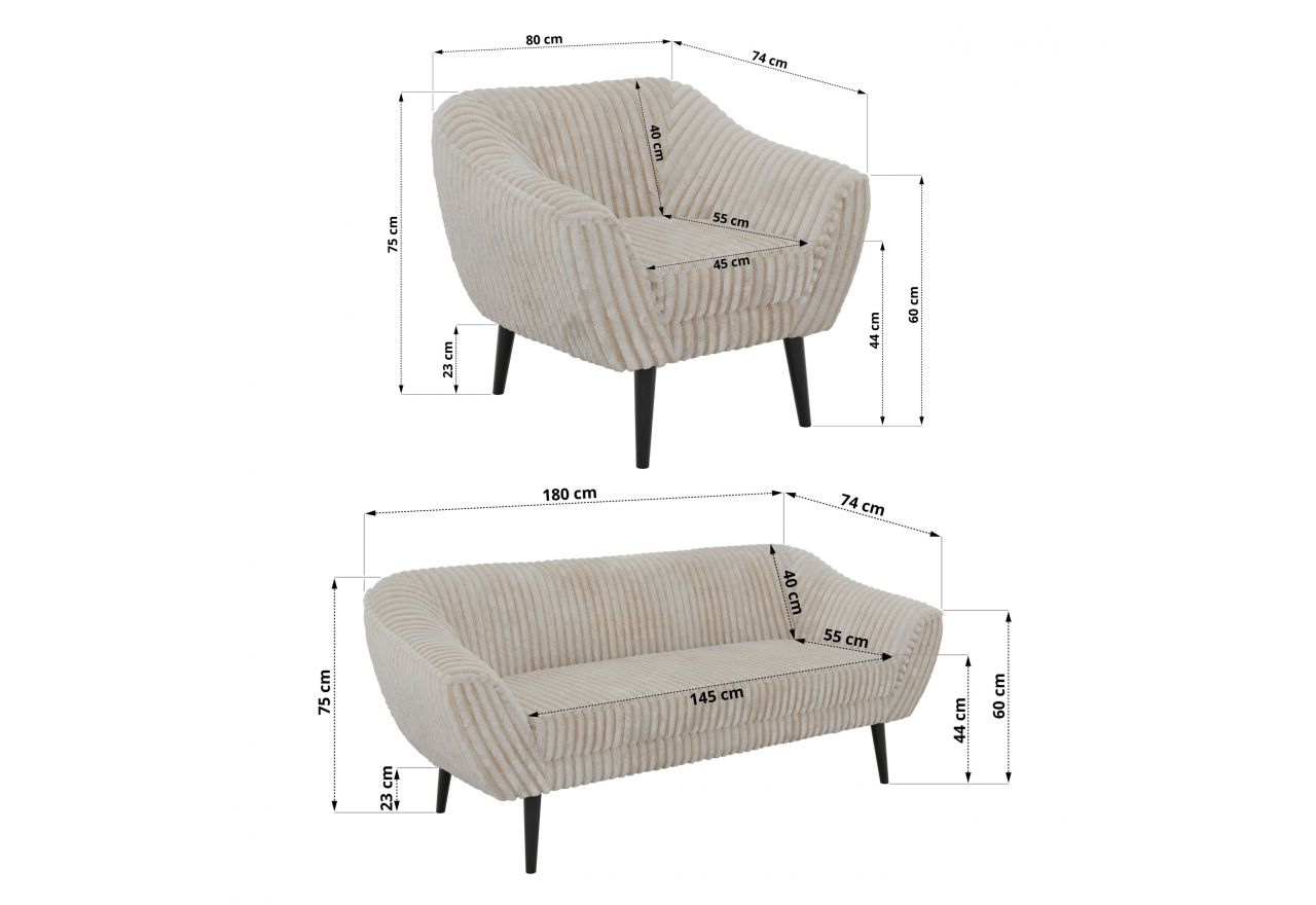 Zestaw PIRS 3+1+1 - beżowy, sztruks - nóżki,  czarny