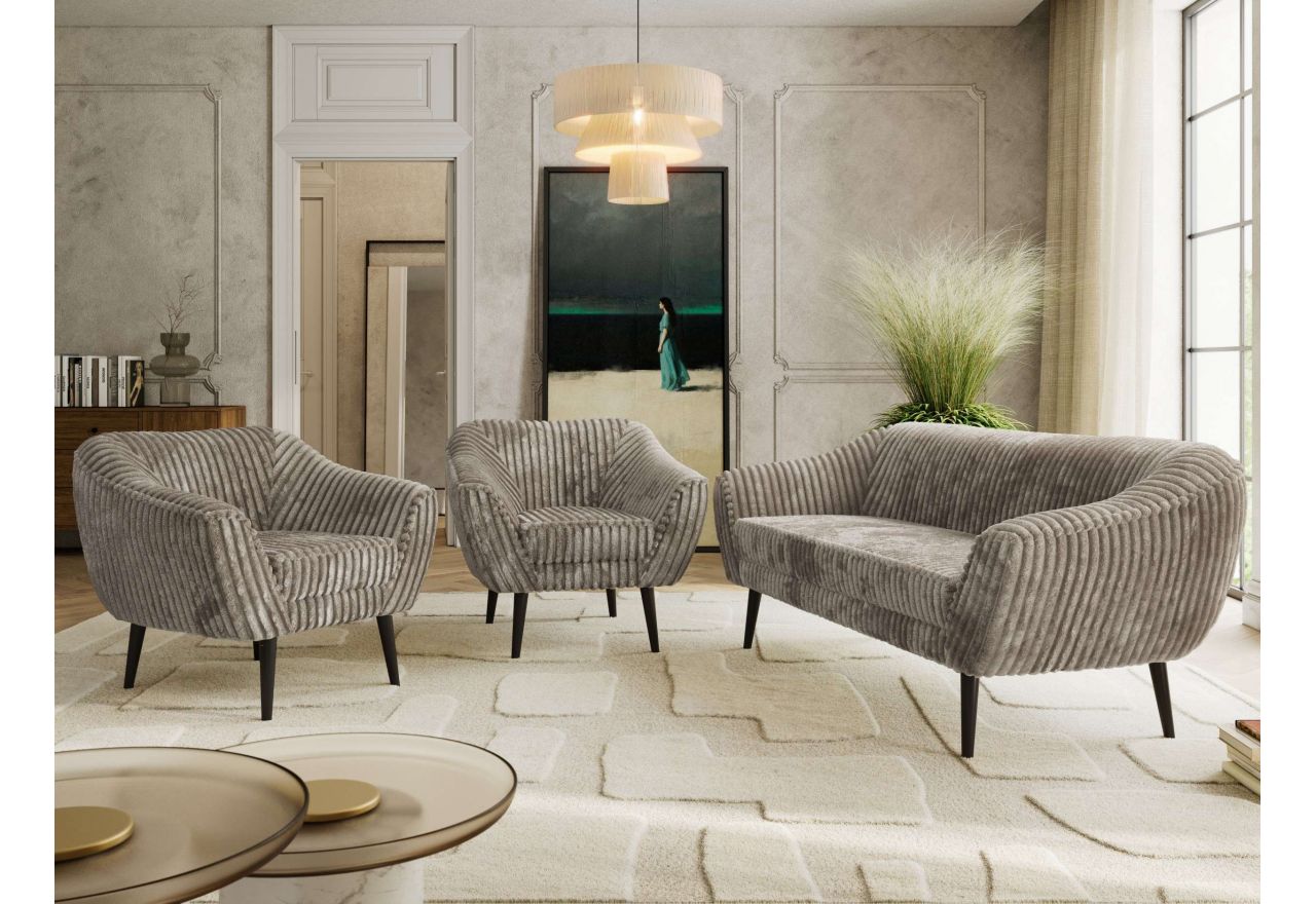 Zestaw PIRS 3+1+1 - jasnobrązowy, sztruks - nóżki,  czarny