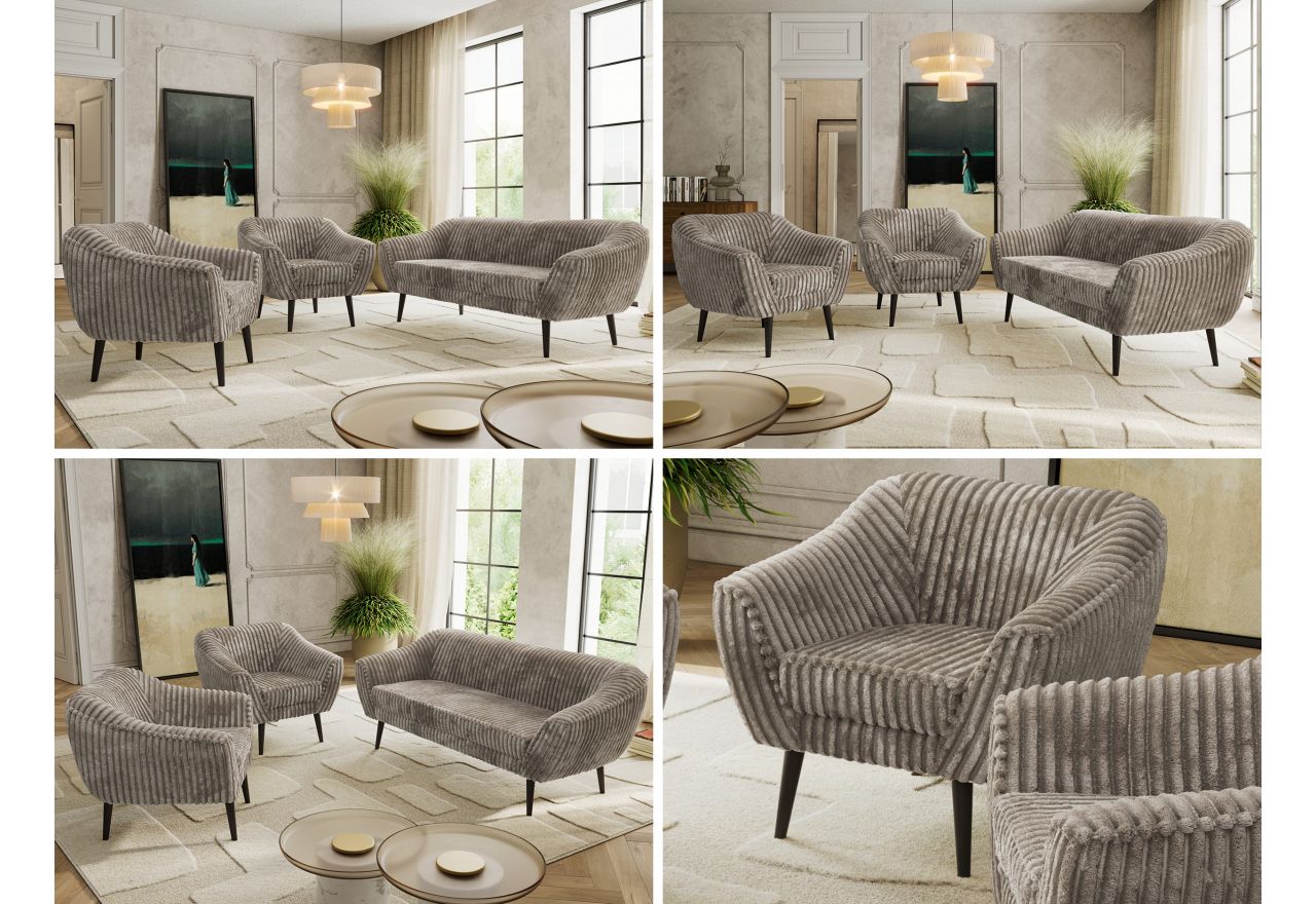 Zestaw PIRS 3+1+1 - jasnobrązowy, sztruks - nóżki,  czarny