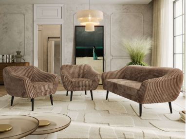 Zestaw PIRS 3+1+1 - brązowy, sztruks - nóżki,  czarny