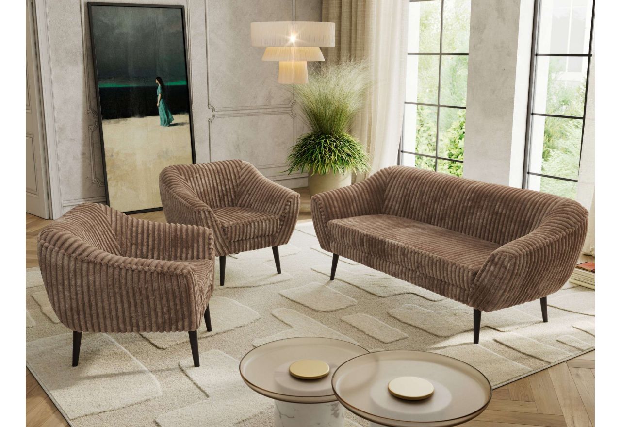 Zestaw PIRS 3+1+1 - brązowy, sztruks - nóżki,  czarny