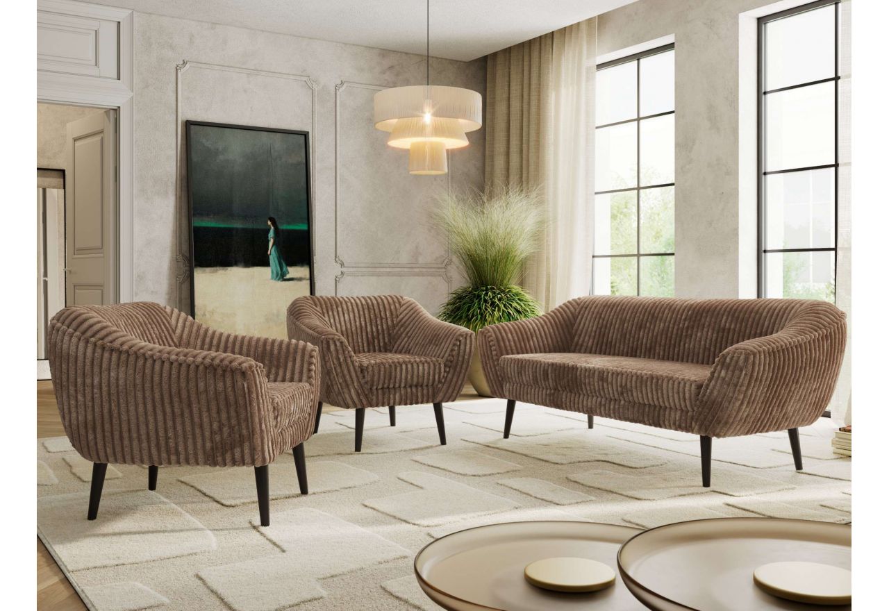 Zestaw PIRS 3+1+1 - brązowy, sztruks - nóżki,  czarny