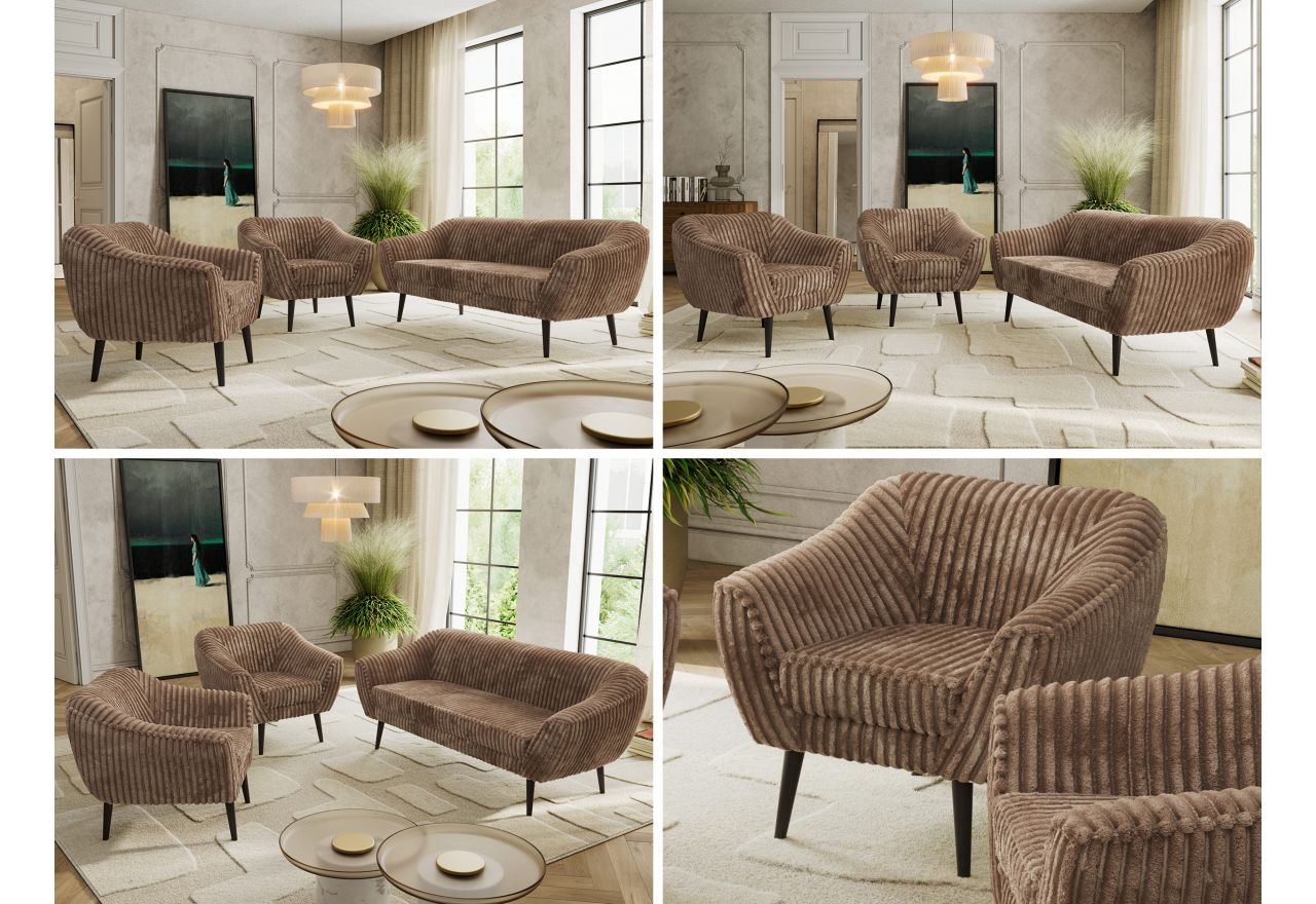 Zestaw PIRS 3+1+1 - brązowy, sztruks - nóżki,  czarny