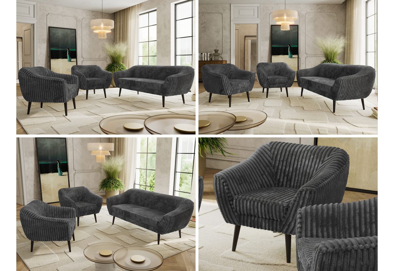 Zestaw PIRS 3+1+1 - szary, sztruks - nóżki,  czarny