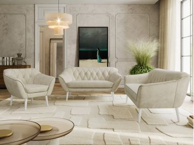 Zestaw PIRS 3+2+1 - kremowy, welwet - nóżki,  biały