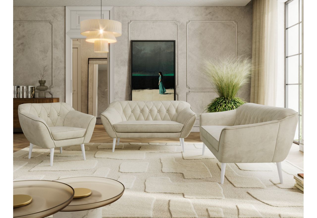 Zestaw PIRS 3+2+1 - kremowy, welwet - nóżki,  biały