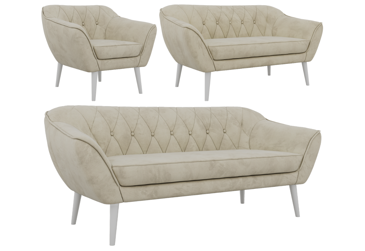 Zestaw PIRS 3+2+1 - kremowy, welwet - nóżki,  biały