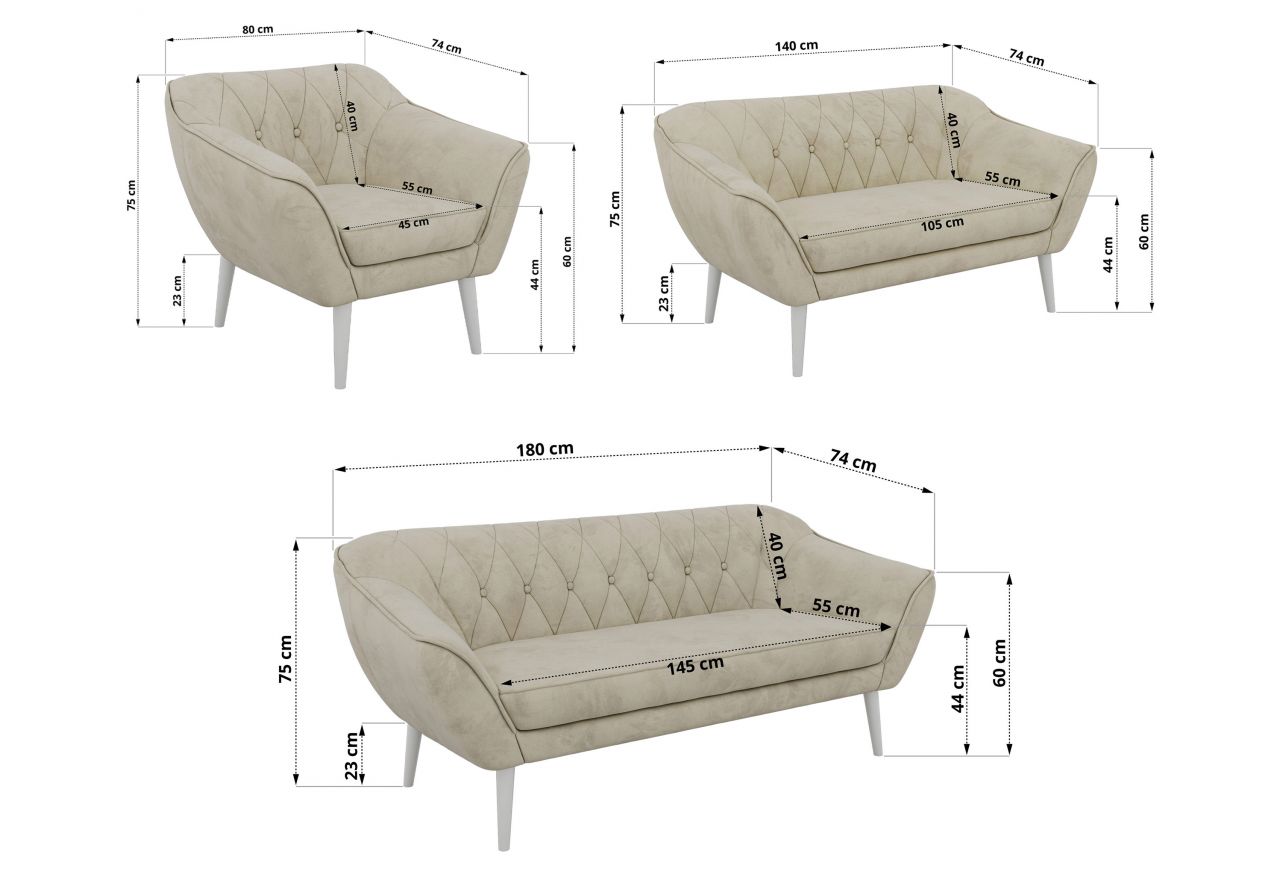 Zestaw PIRS 3+2+1 - kremowy, welwet - nóżki,  biały