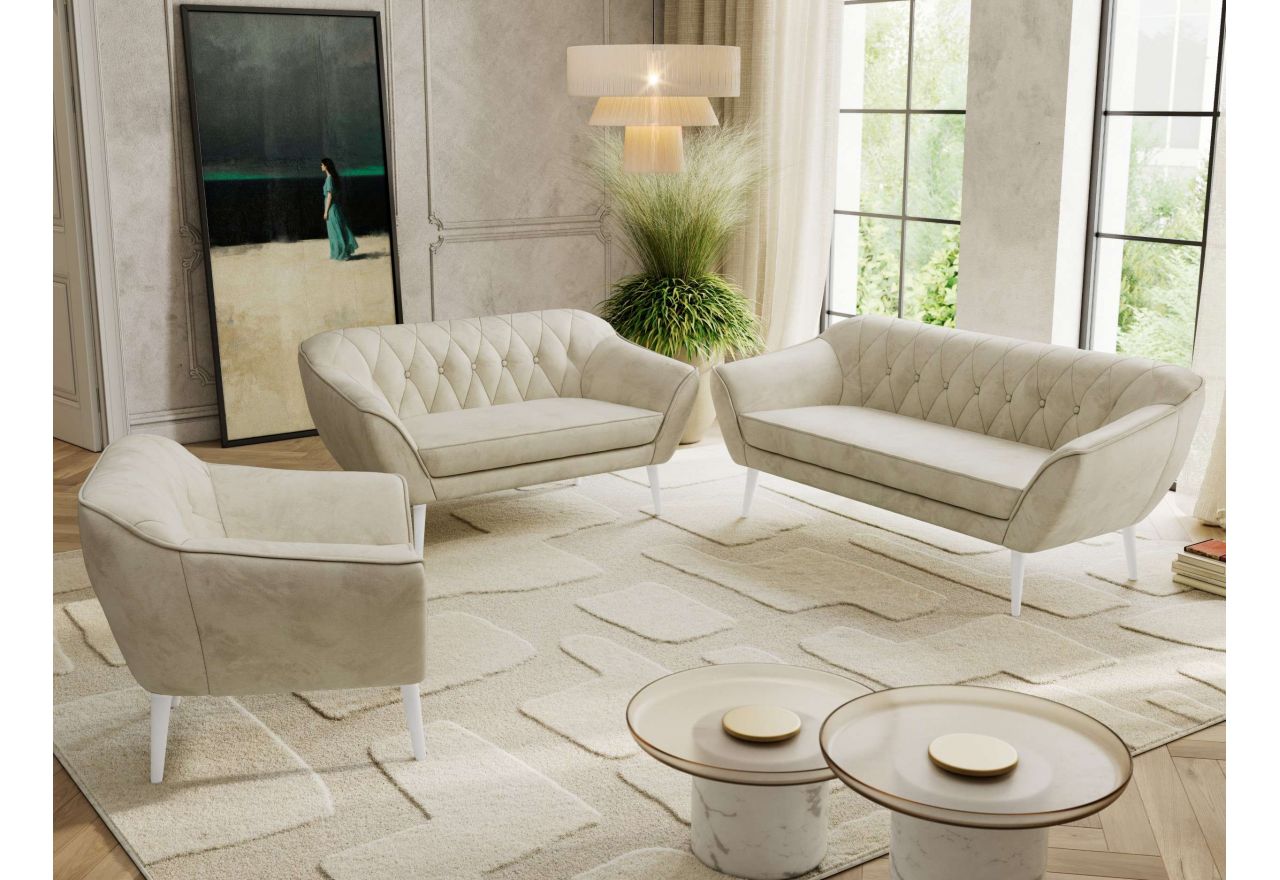 Zestaw PIRS 3+2+1 - kremowy, welwet - nóżki,  biały