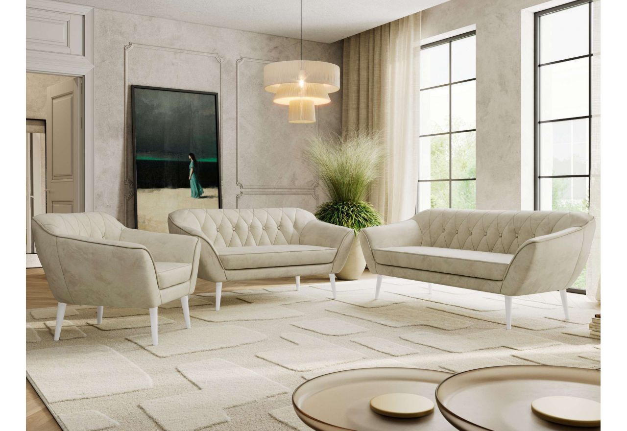 Zestaw PIRS 3+2+1 - kremowy, welwet - nóżki,  biały