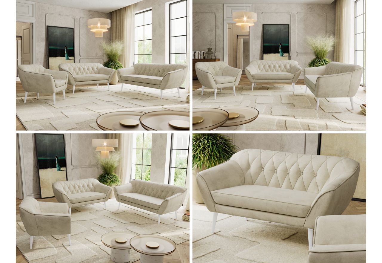 Zestaw PIRS 3+2+1 - kremowy, welwet - nóżki,  biały