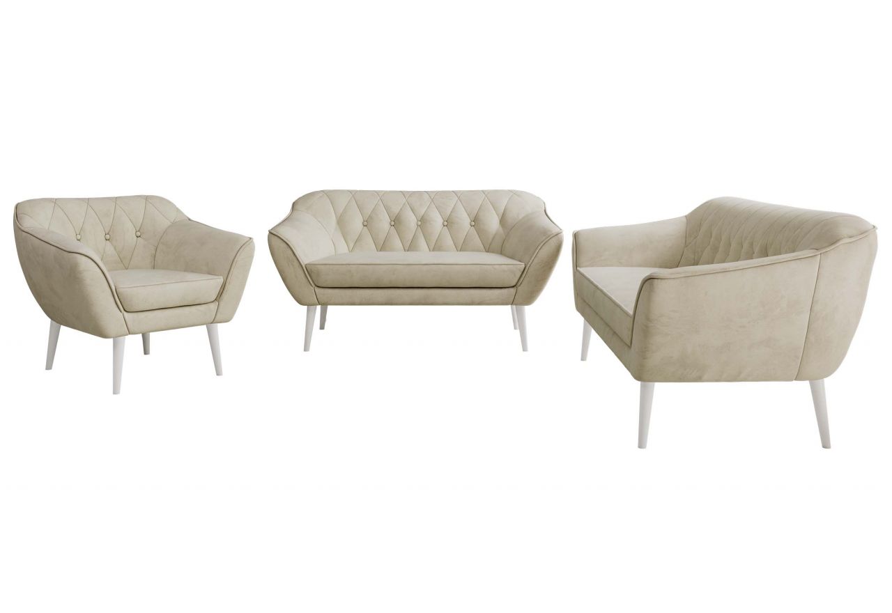 Zestaw PIRS 3+2+1 - kremowy, welwet - nóżki,  biały