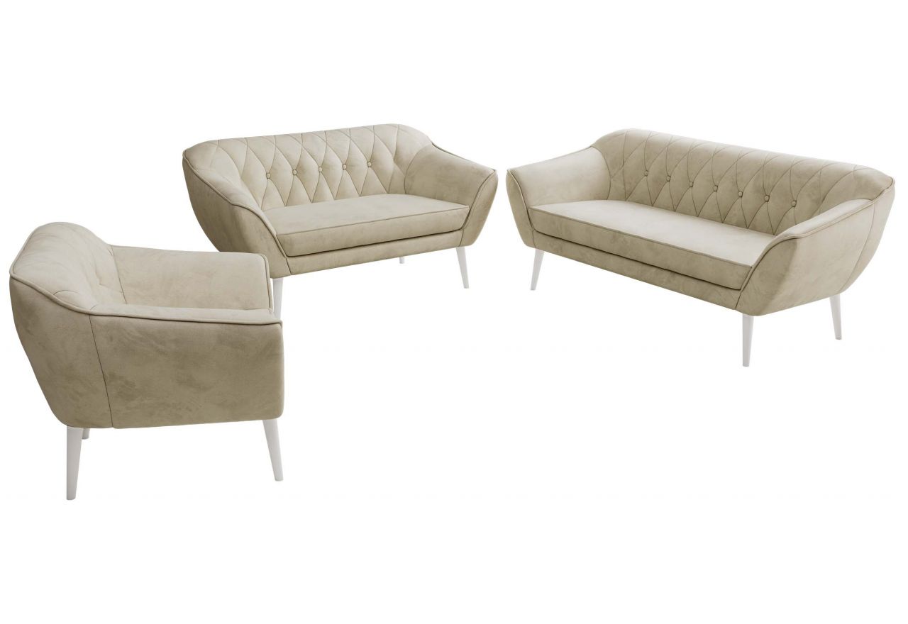 Zestaw PIRS 3+2+1 - kremowy, welwet - nóżki,  biały