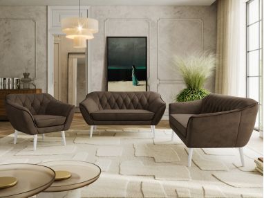 Zestaw PIRS 3+2+1 - brązowy, welwet - nóżki,  biały