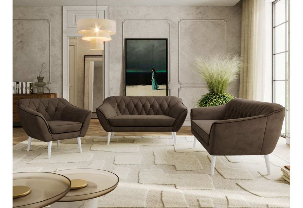 Zestaw PIRS 3+2+1 - brązowy, welwet - nóżki,  biały